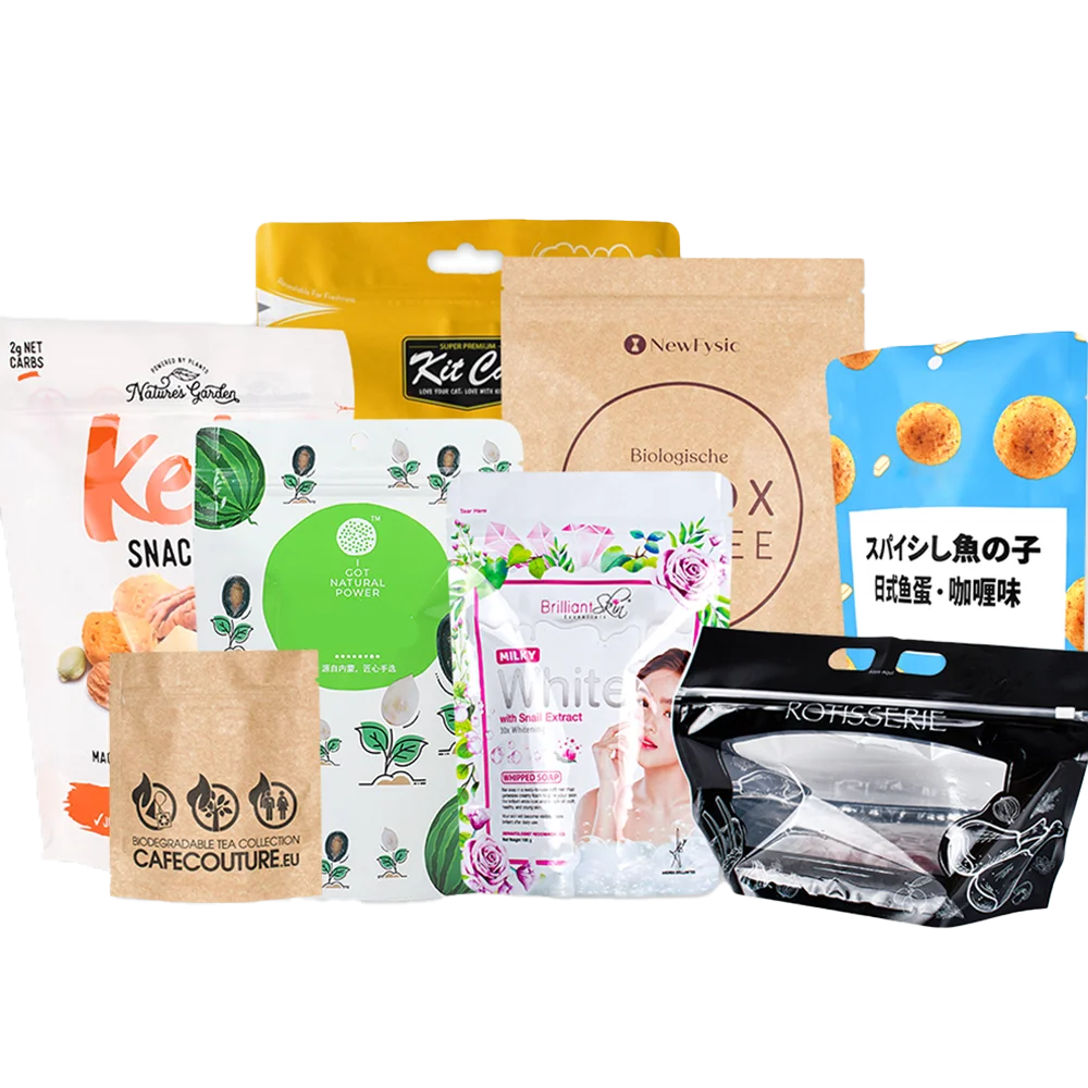 Uma coleção de vários sacos stand up pouch da KanzoPack apresentando diferentes designs, materiais e marcas de produtos.
