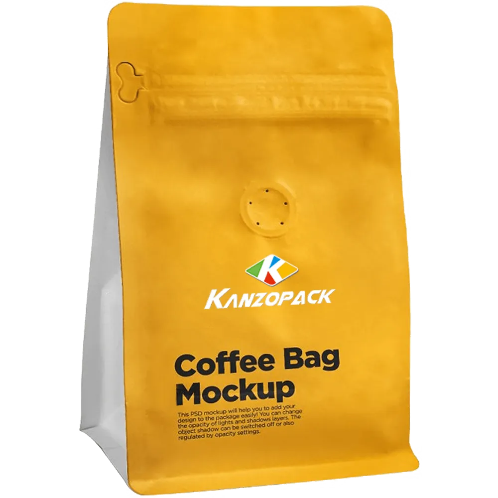 Un mockup de una bolsa doypack de café amarilla que presenta el logotipo de KanzoPack y una válvula de desgasificación.