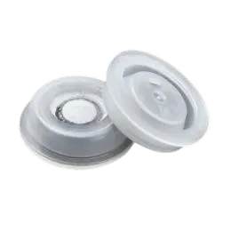 Dos válvulas desgasificadoras unidireccionales de plástico blanco para empaques de café.