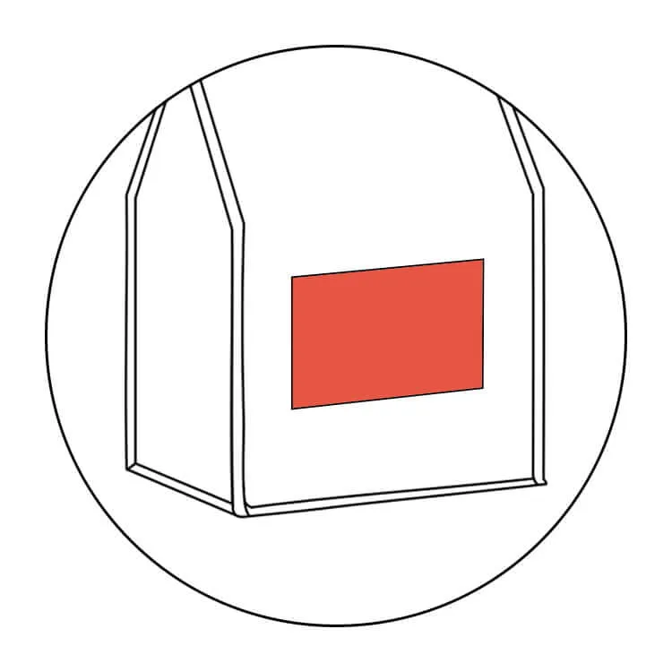 Un dibujo lineal de una bolsa de embalaje que presenta una ventana rectangular transparente en la parte frontal.