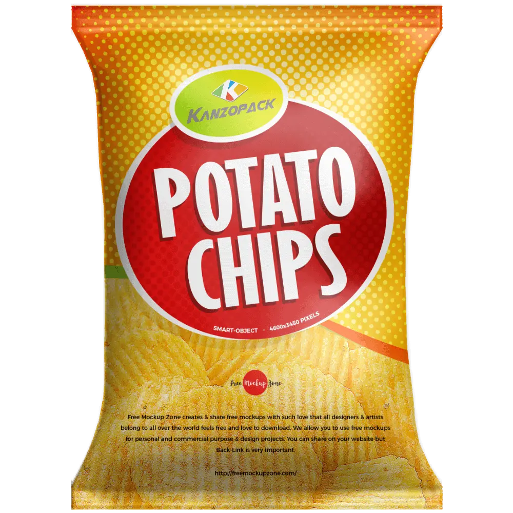KanzoPack | Custom Pouch & Rollstock Packaging Manufacturer 13 chips packaging with kanzo logo mock up