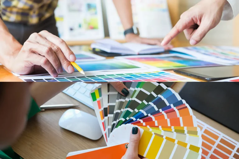 Diseñadores colaborando en un proyecto mientras revisan varias muestras de color y paletas Pantone.