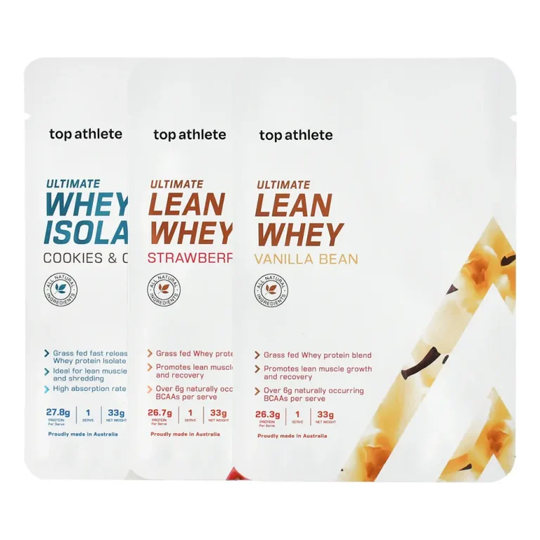 Bolsas con sello de 3 lados de proteína de suero Top Athlete en sabores Cookies & Cream, Fresa y Vainilla.