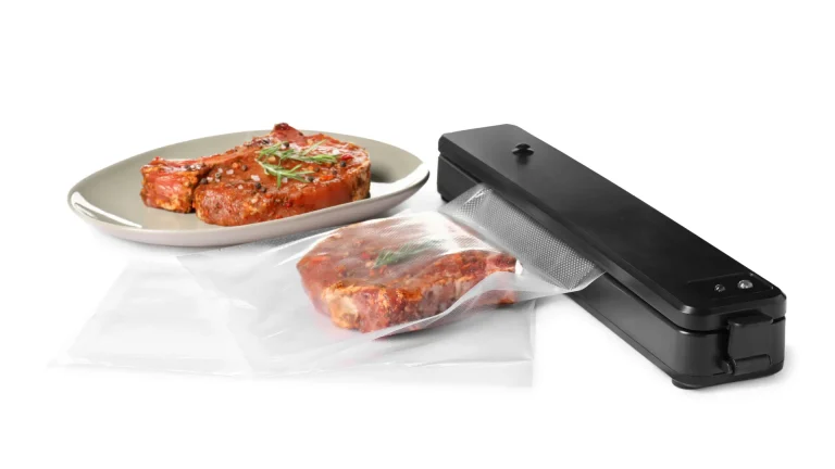 A black vacuum sealer machine sealing a seasoned raw steak in a plastic bag next to a plate with another steak.