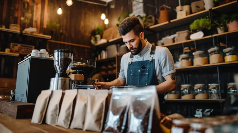 カウンターの後ろでコーヒー袋を扱う、エプロンを着用した思慮深いコーヒーショップのオーナー。