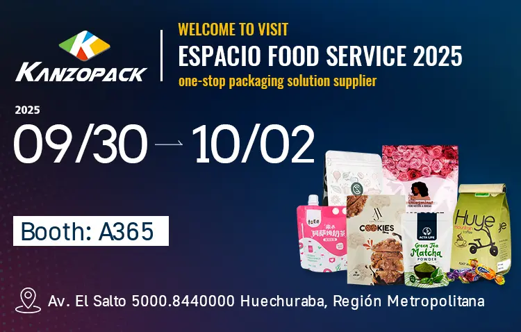 دعوة من KanzoPack لحضور معرض ESPACIO FOOD SERVICE 2025 في الجناح A365، والذي يتضمن عرضاً لمجموعة متنوعة من أكياس التغليف الغذائية.