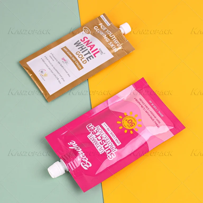 Spout pouches for a day cream and a sunscreen, two cosmetic flexible pouch formats